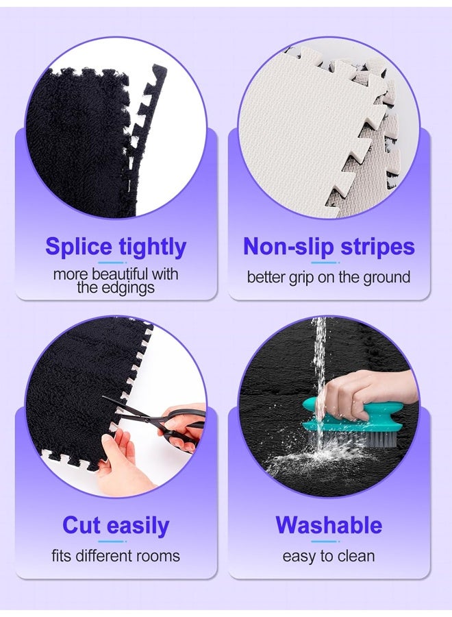 6 Pcs Plush Foam Floor Mat Square Interlocking Carpet Tiles with Border Fluffy Play Mat Floor Tiles Fluffy Area Rugs Square Soft Climbing Area Rugs DIY Floor Crawling Mat Tiles for Home Playroom Decor (Black) - Image 3